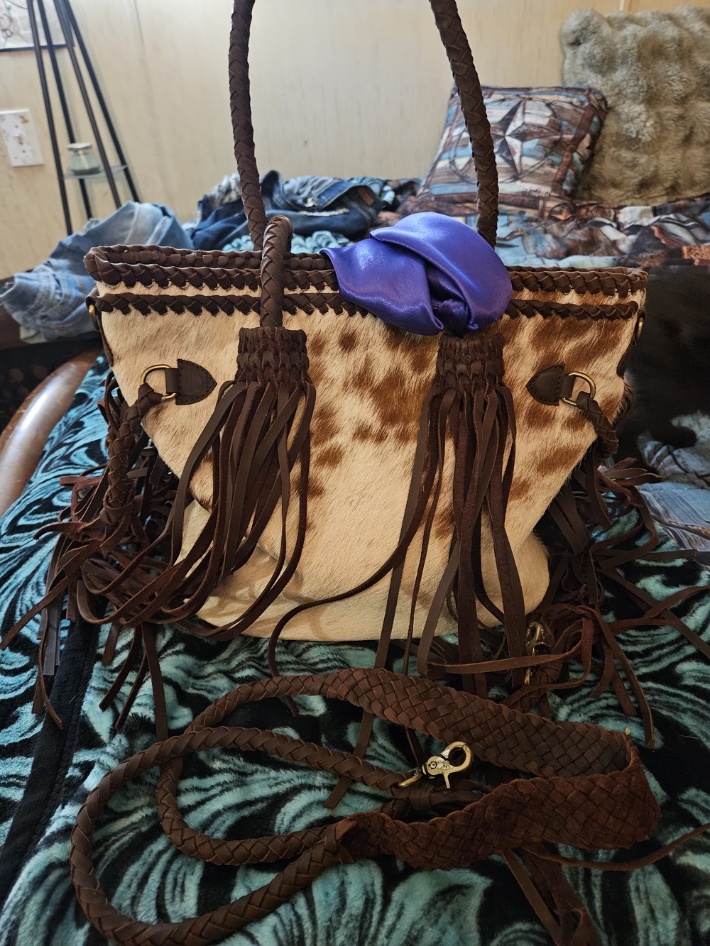 American Darling Brown and Cream Cowhide Fringe Shoulder Bag